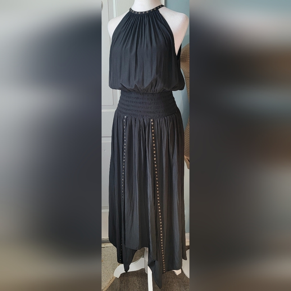 Ramy Brook Melly Halter Studded Asymmetric Maxi Dress Womens S Black Bronze Boho